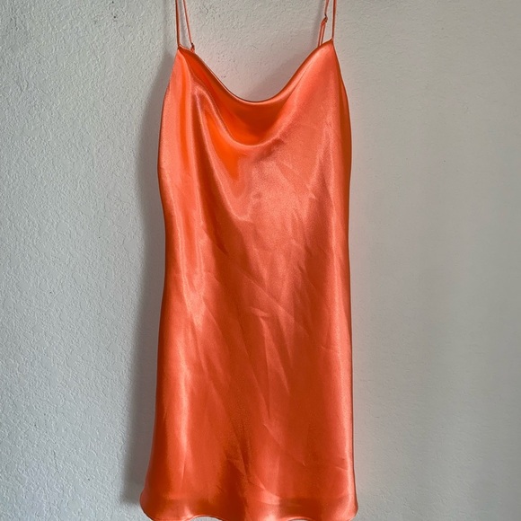 HEMLINE Cowl Neck Silky Sleek Orange Satin Slip Mini Coquette Party Dress Sz XS - Picture 3 of 12